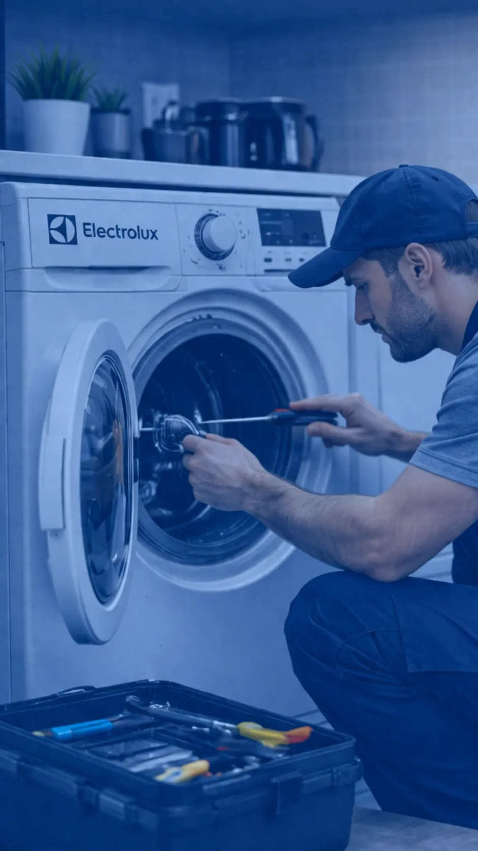 Técnico autorizado Electrolux consertando lavadora