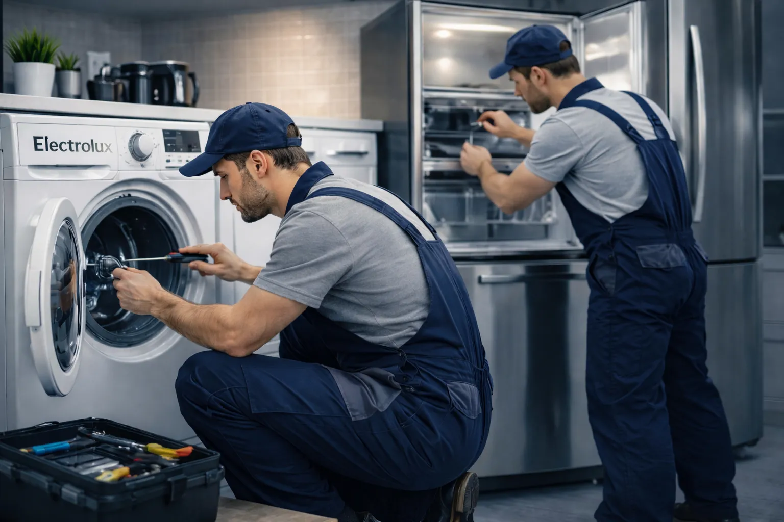 Técnicos da Foz Service consertando eletrodomésticos Electrolux